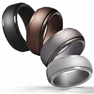 Anello di nozze in silicone per uomini 4 confezioni singoli Step Edge Design elegante metallico nero e camuffato